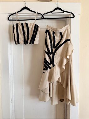 CHICWAYS 2-Piece Fringe Crop Top Ruffle Maxi Skirt Set Ivory Black S